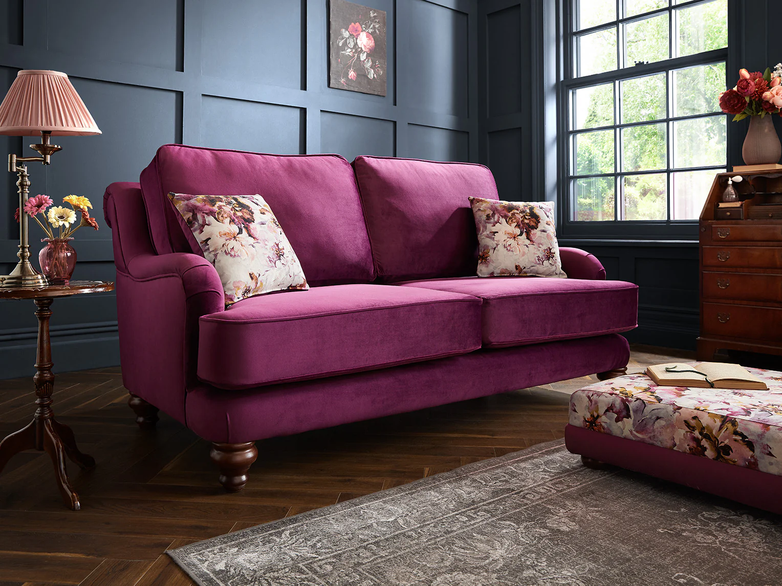 Alicante 2 Seater Sofa Monaco Amethyst Purple Fabric With Wooden Legs