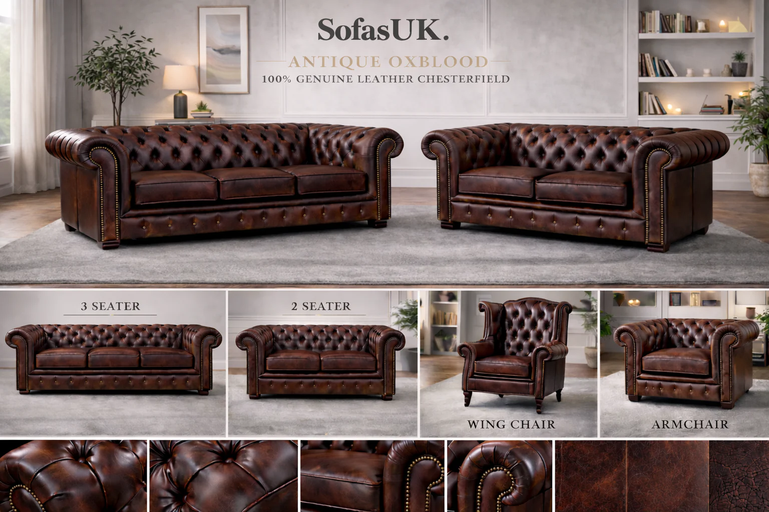 Antique Chesterfield Sofas – Genuine Hide Leather | Exclusive to SofasUK - Image 5
