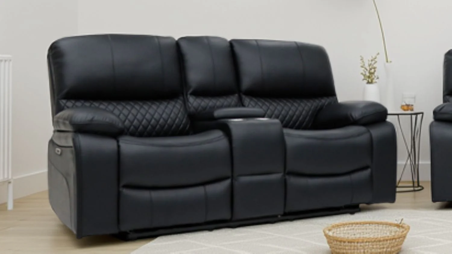 Black Leather 2 Seater Electric Recliner Sofa with Console - Image 2