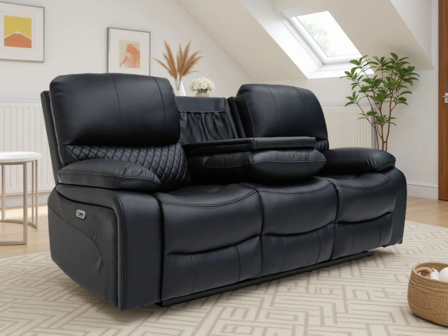 Black Leather 3 Seater Electric Recliner Sofa with Console - Image 2