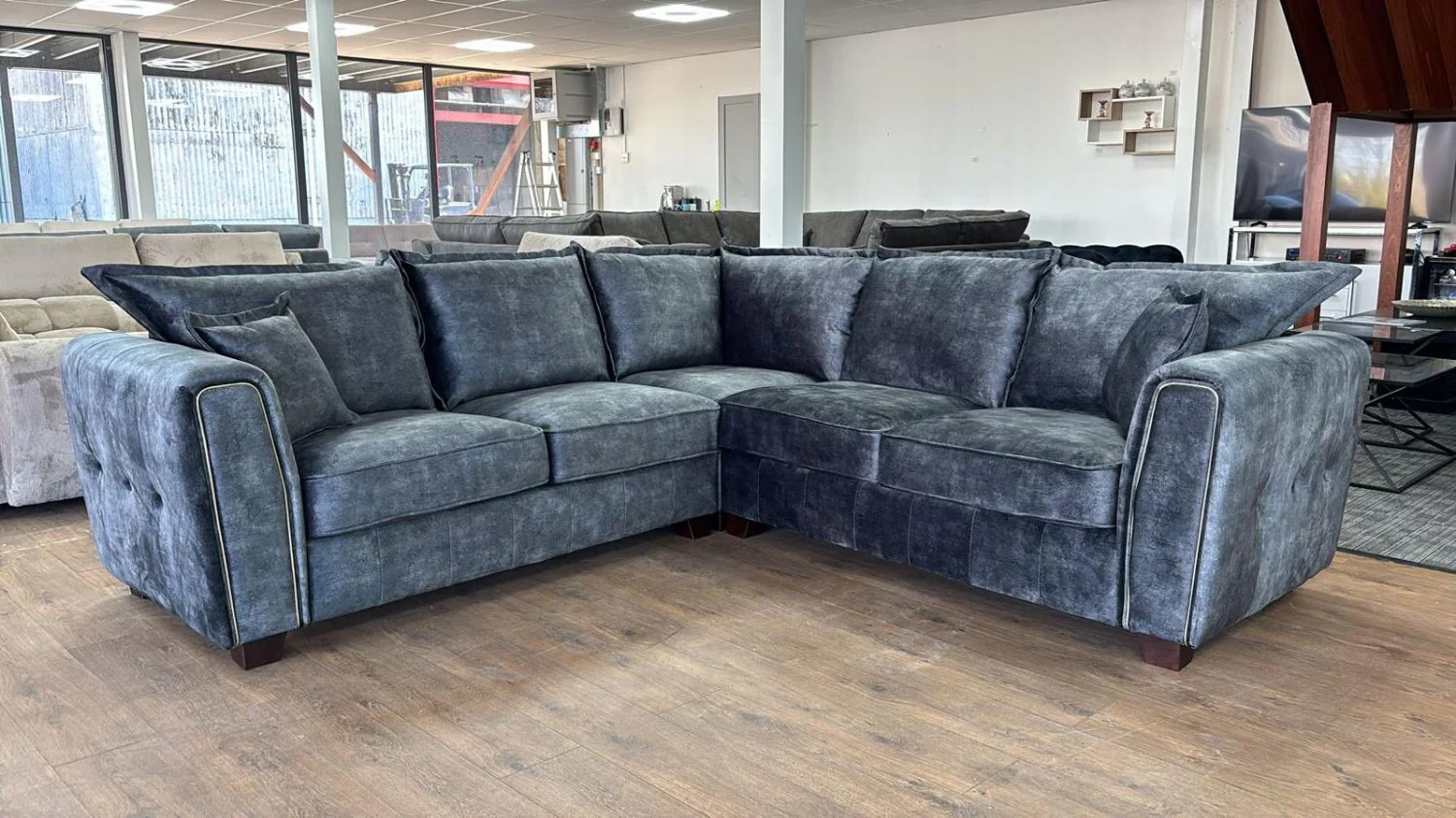 Black Velvet Effect Fabric Large Corner Sofa Metal Trim Arms - Image 2