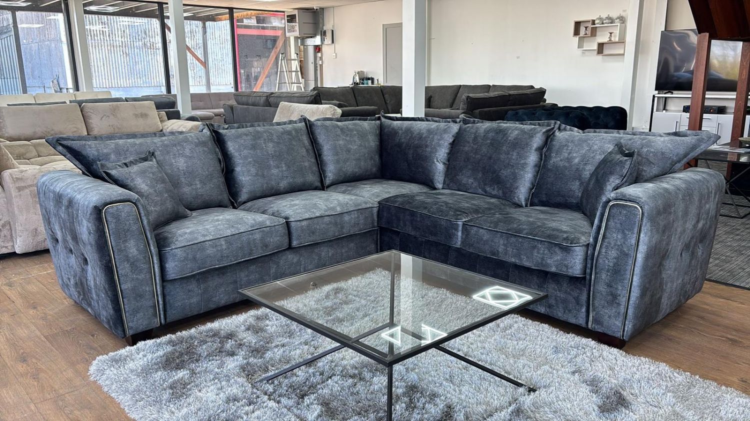 Black Velvet Effect Fabric Large Corner Sofa Metal Trim Arms - Image 4
