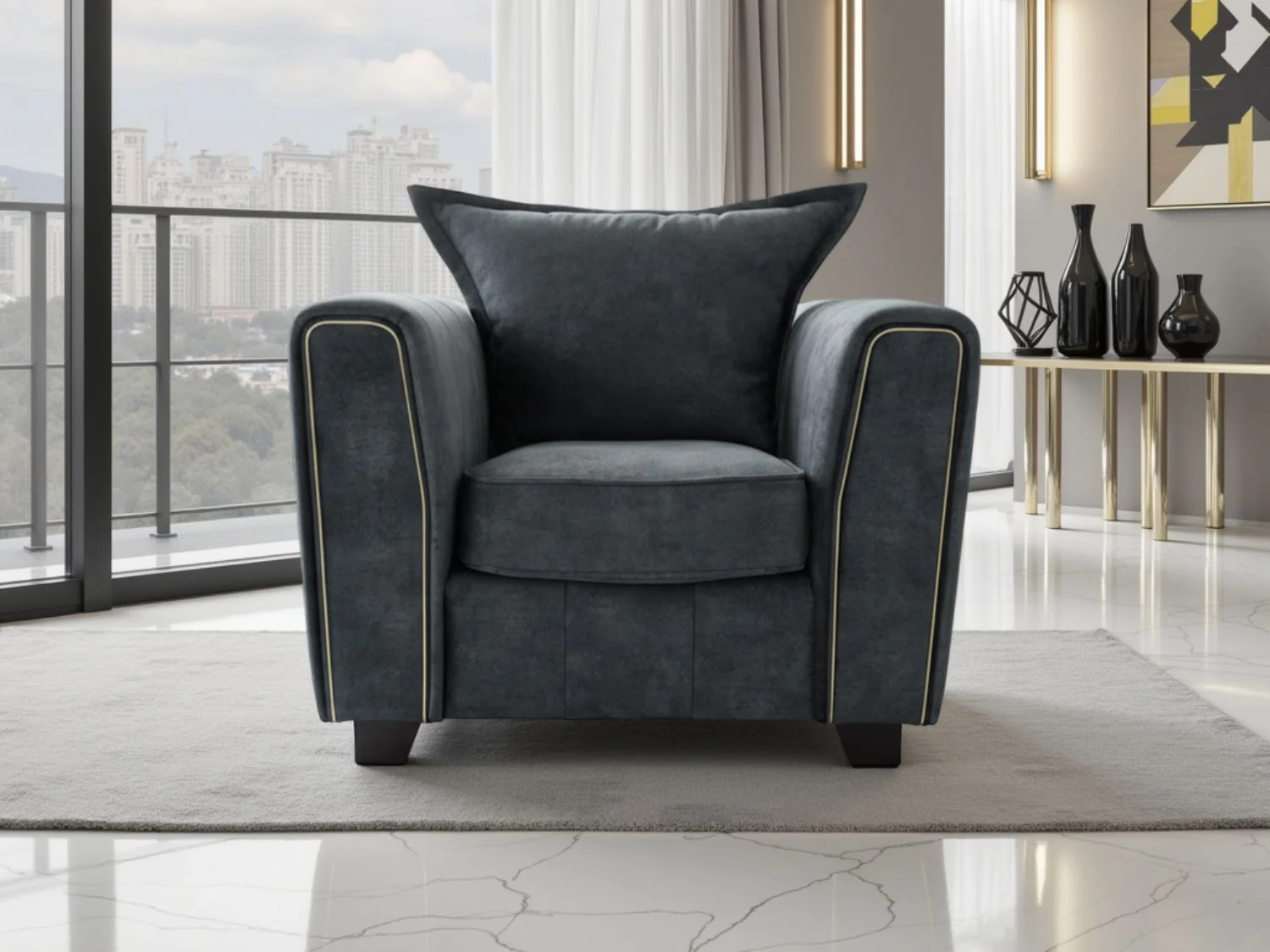 Charcoal Black Velvet Fabric Armchair with Metal Trim Arms - Image 2
