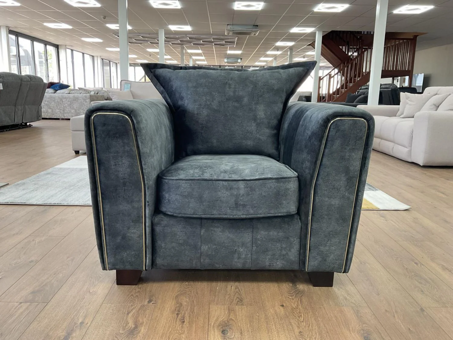 Charcoal Black Velvet Fabric Armchair with Metal Trim Arms - Image 3