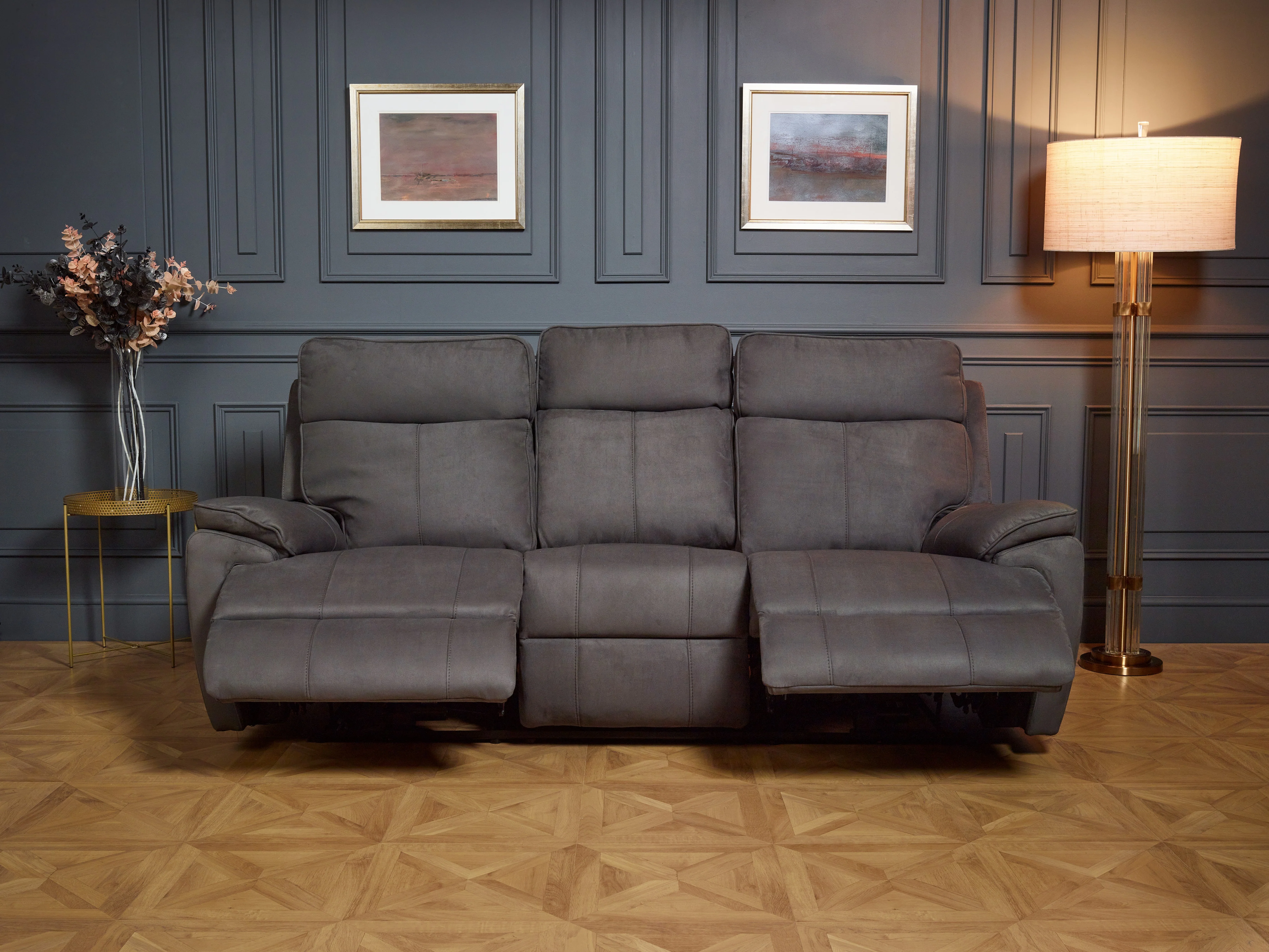 Continental Electric Reclining Grey Fabric Suede Sofas - Image 4