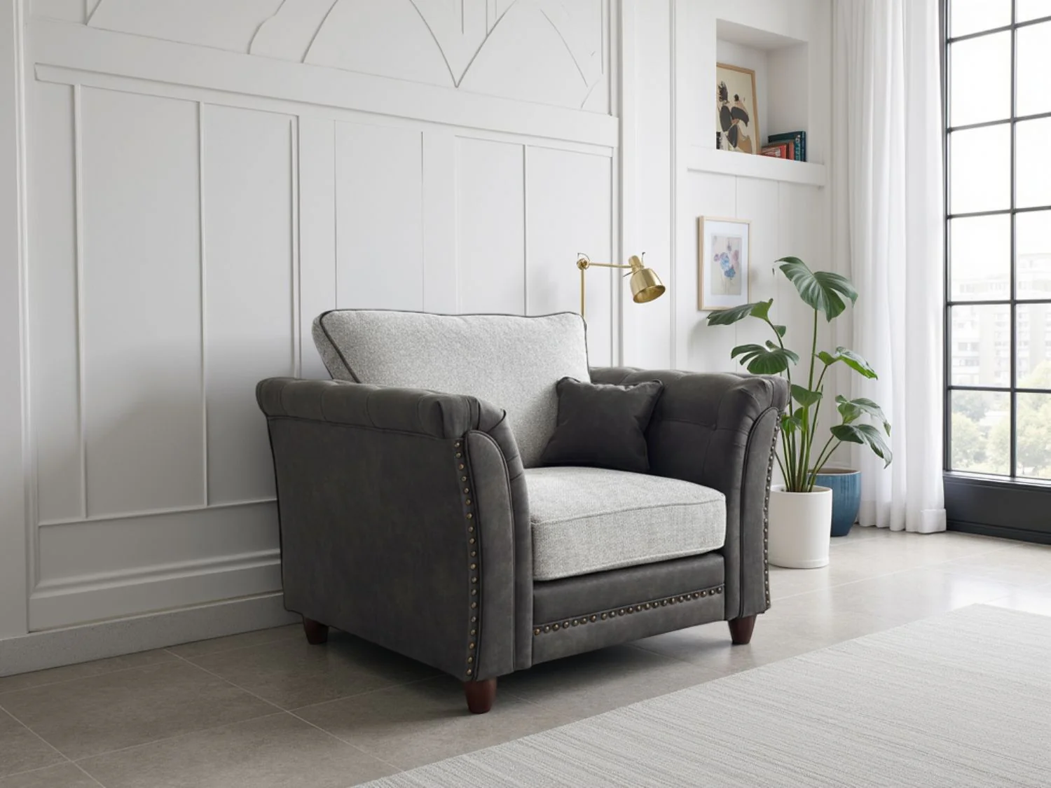 Dual Tone Grey Velvet Fabric Buttoned Armchair