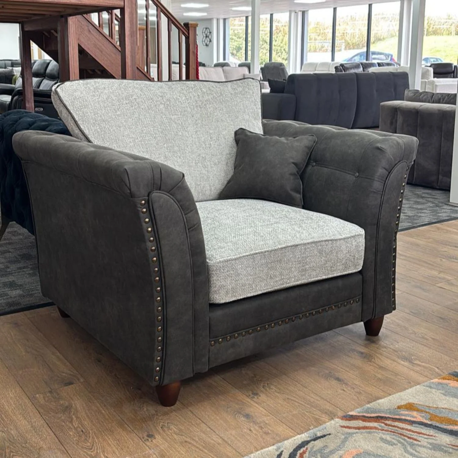 Dual Tone Grey Velvet Fabric Buttoned Armchair - Image 2