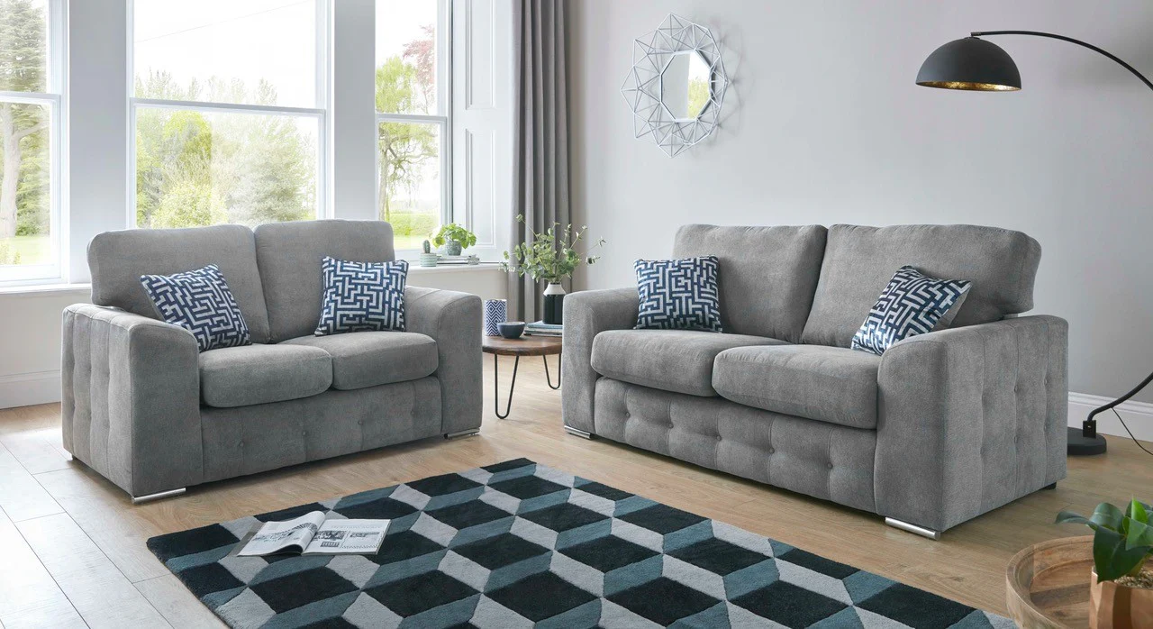 Elegance Handmade 3 Seater Cozy Buttoned Bottom Grey Fabric Sofa
