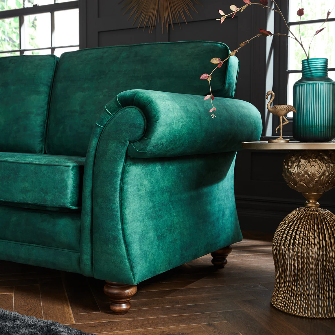Genoa Handmade 3 Seater Milano Emerald Green Fabric Sofa With Turned Wooden Legs - Image 3