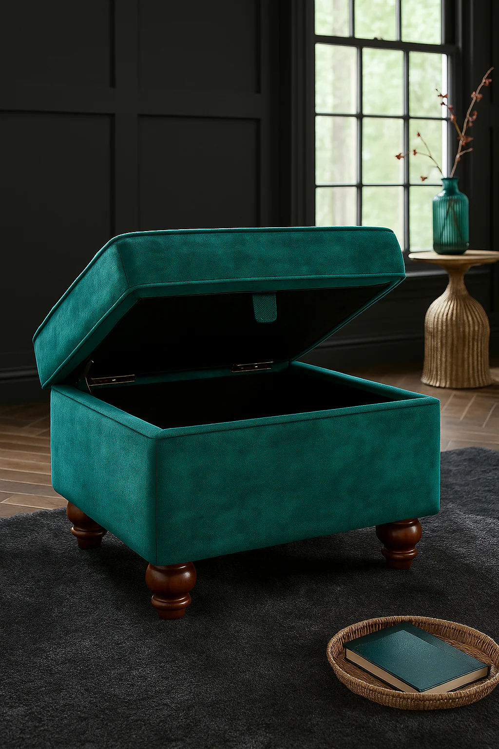 Genoa Handmade Storage Box In Milano Emerald Green Fabric With Turned Wooden Legs