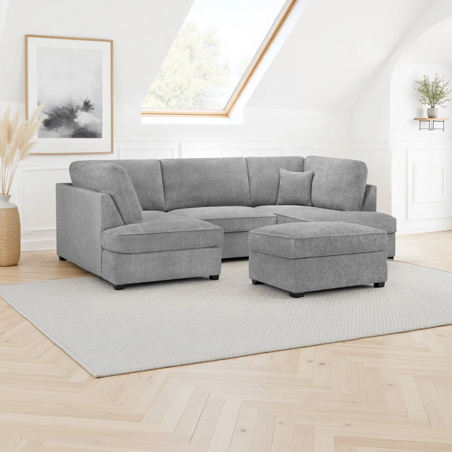 Grey Boucle Fabric U Shape Corner Sofa - Image 2