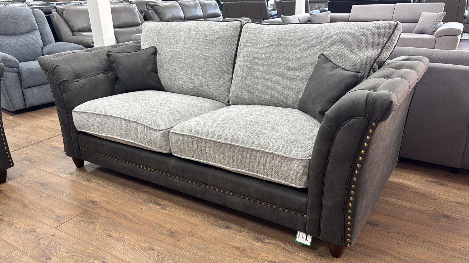 Grey Fabric Dual Tone 3 Seater Fullback Sofa Buttoned Design - Image 2