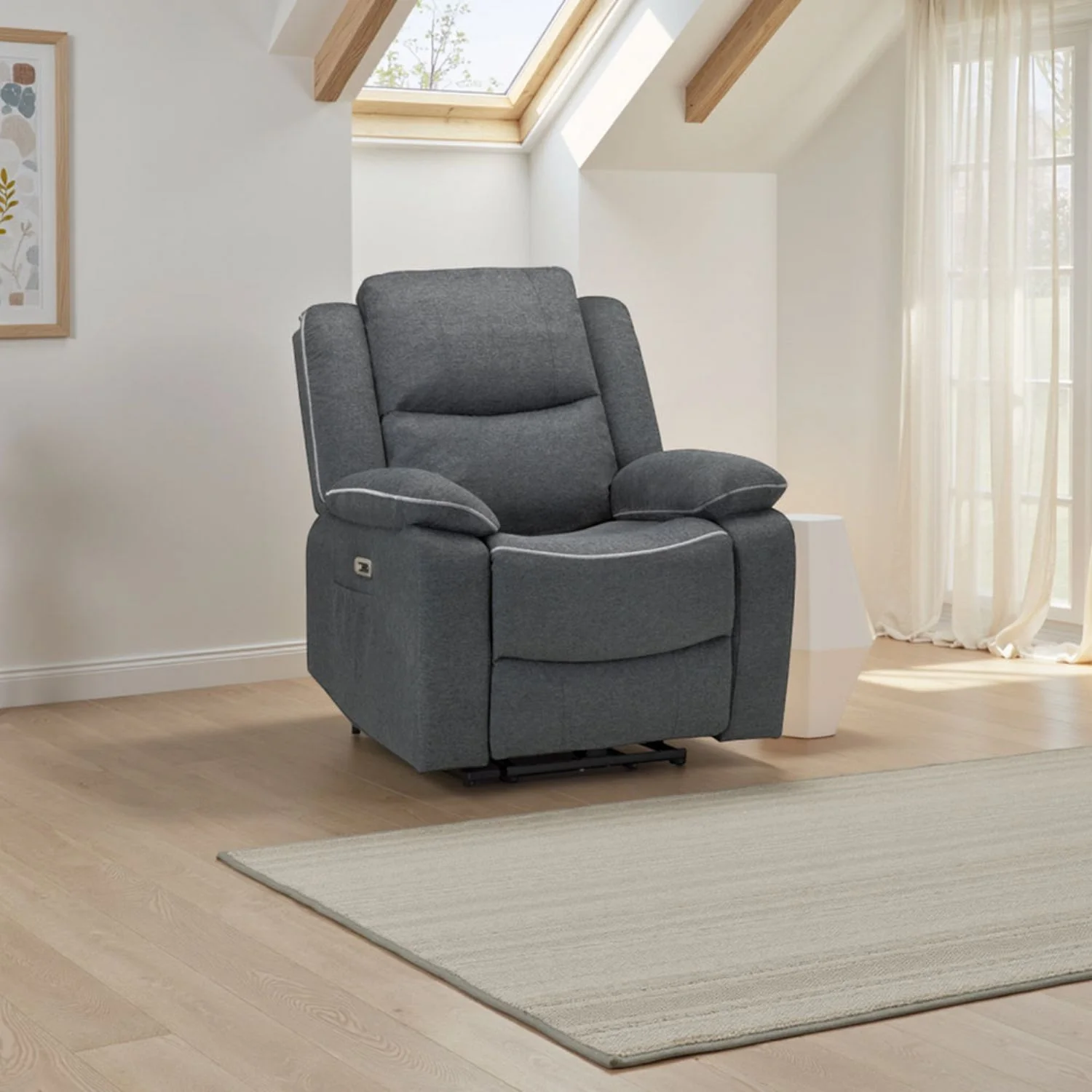 Grey Fabric Electric Recliner Armchair with Cup Holder - Image 2
