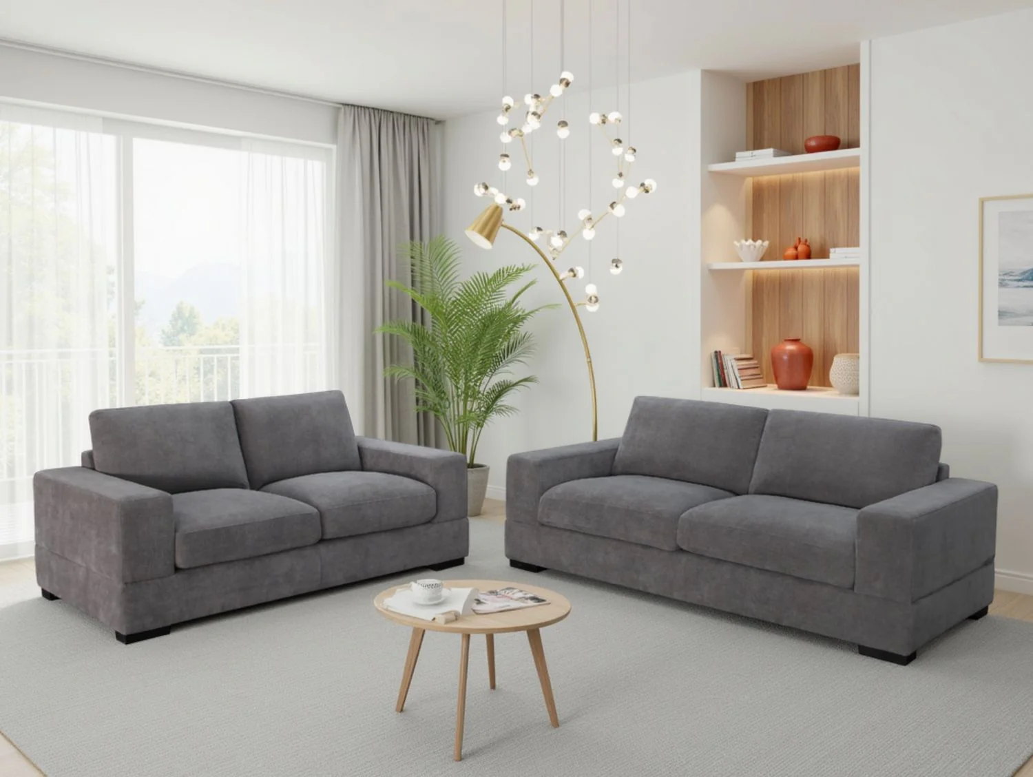 Grey Woven Fabric Upholstery 3+2 Seater Sofa Set