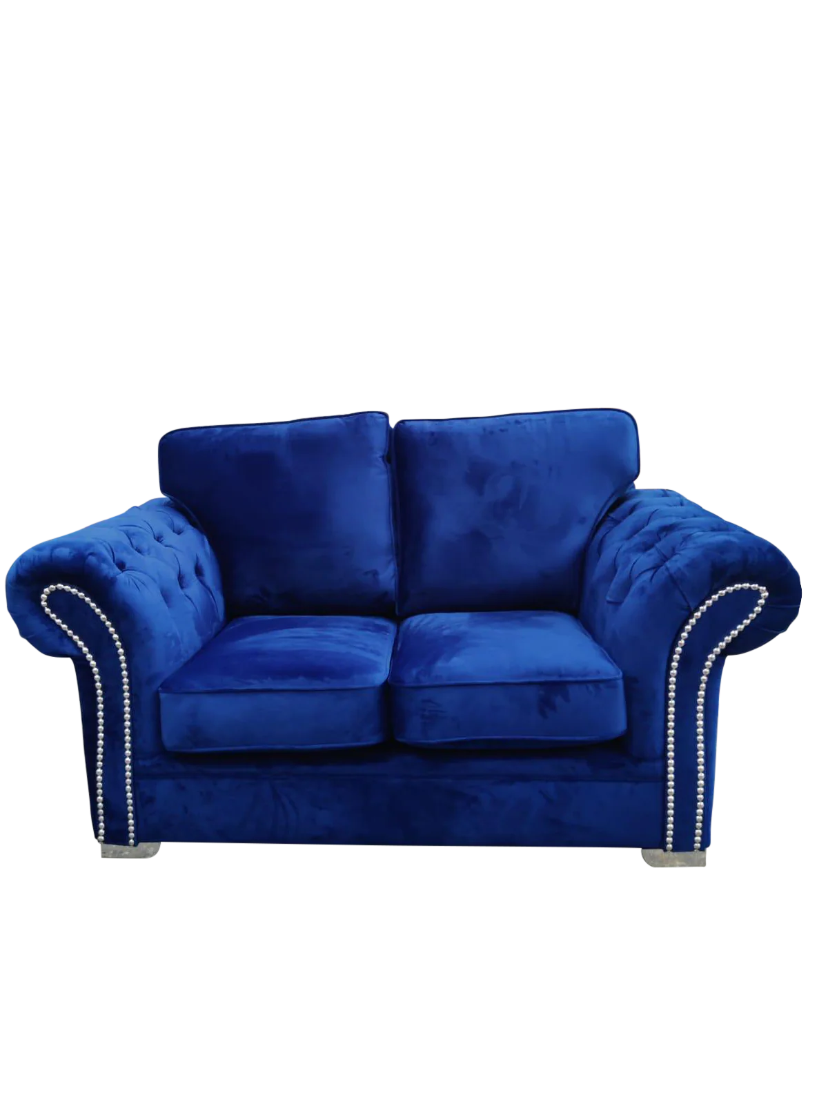 Manhattan 2 Seater Blue Fabric Sofa Chesterfield Style Arms With Chrome Feet - Image 6