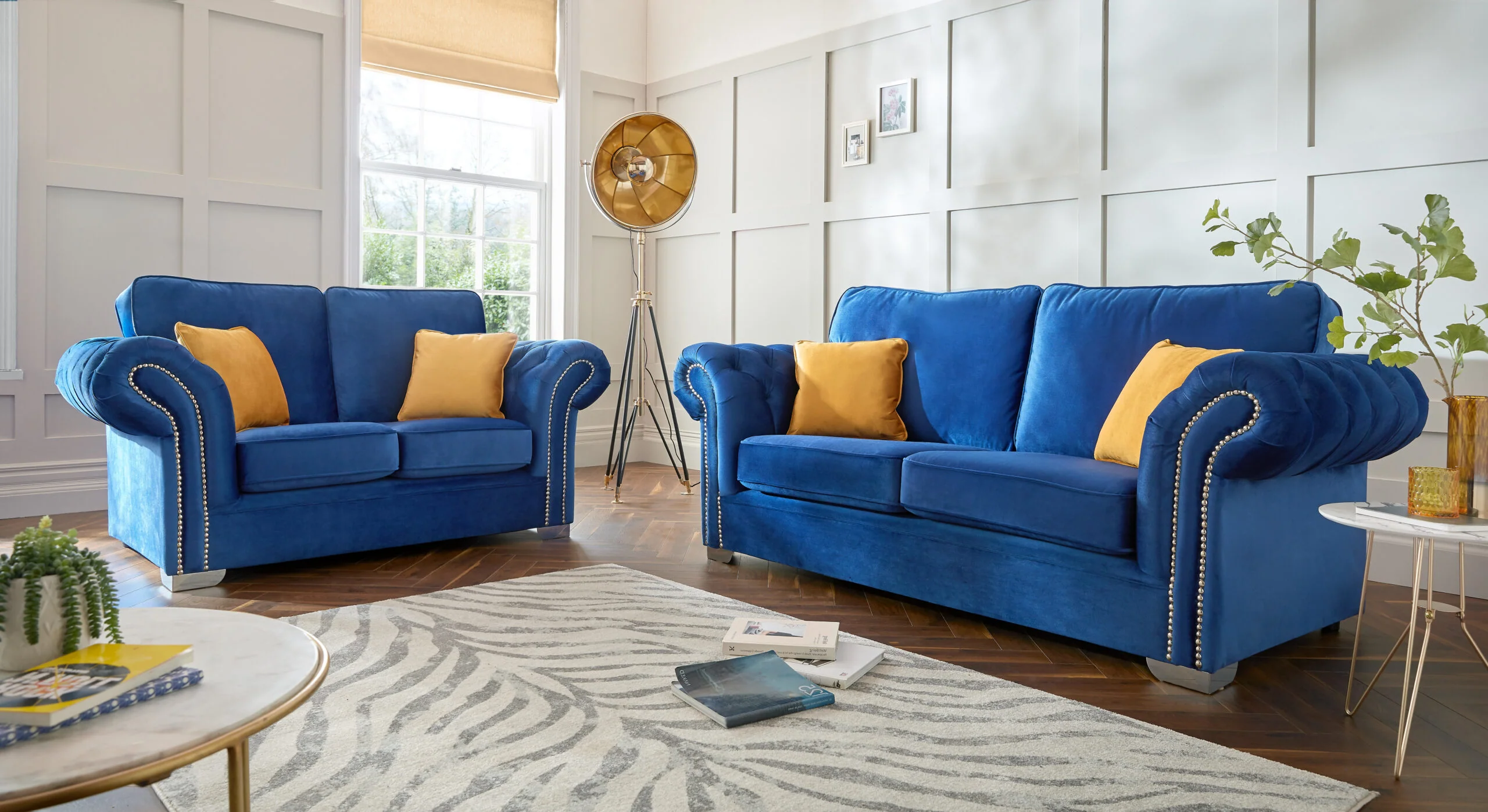 Manhattan 3+2 Blue Fabric Sofa Suite In Chesterfield Style Arms With Chrome Feet