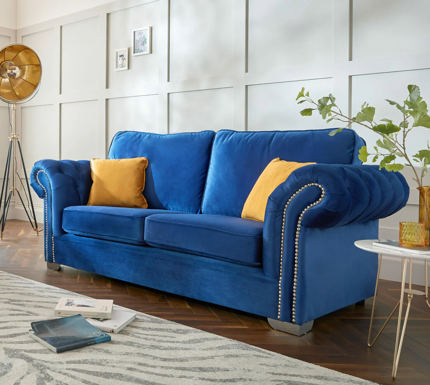 Manhattan Armchair In Blue Fabric Chesterfield Style Arms With Chrome Feet - Image 2
