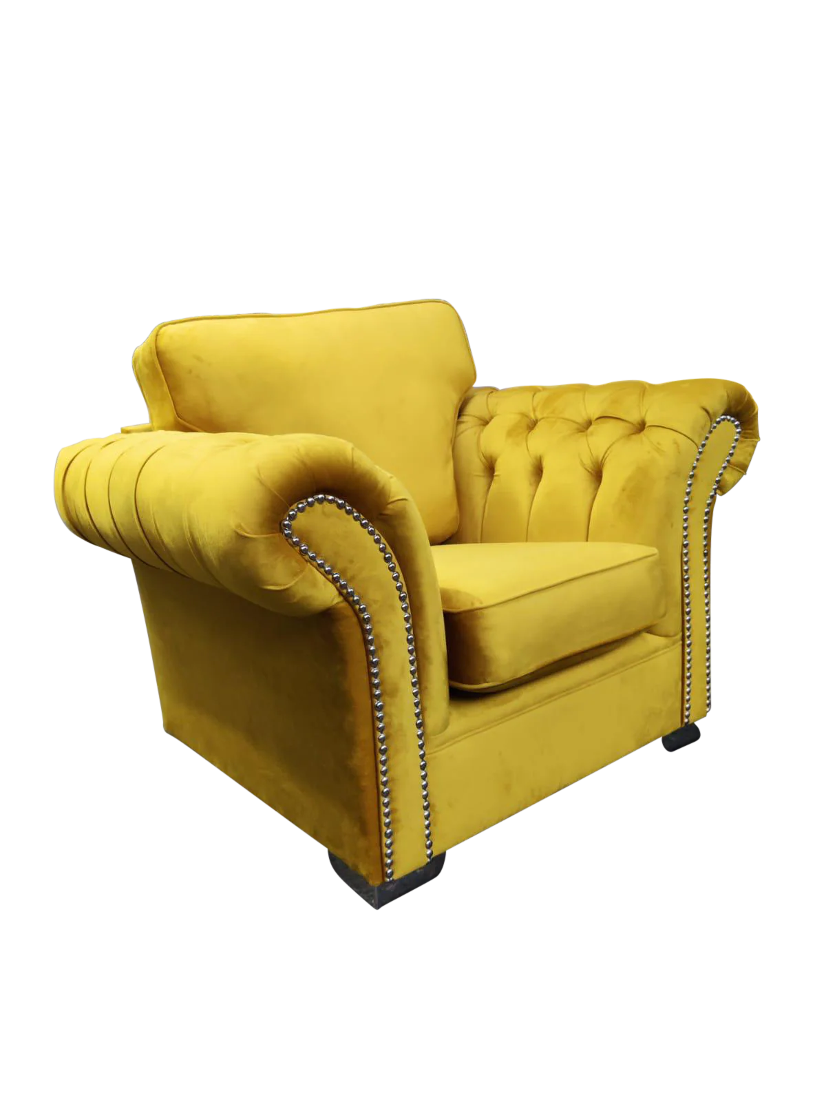 Manhattan Armchair In Blue Fabric Chesterfield Style Arms With Chrome Feet
