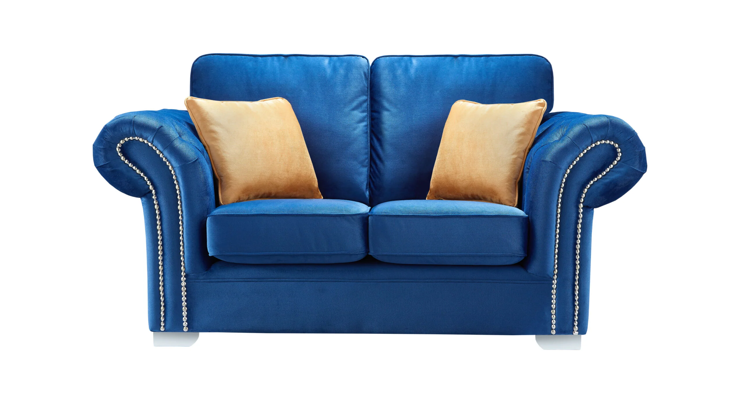 Manhattan Blue Fabric Sofas Chesterfield Style Arms With Chrome Feet - Image 4