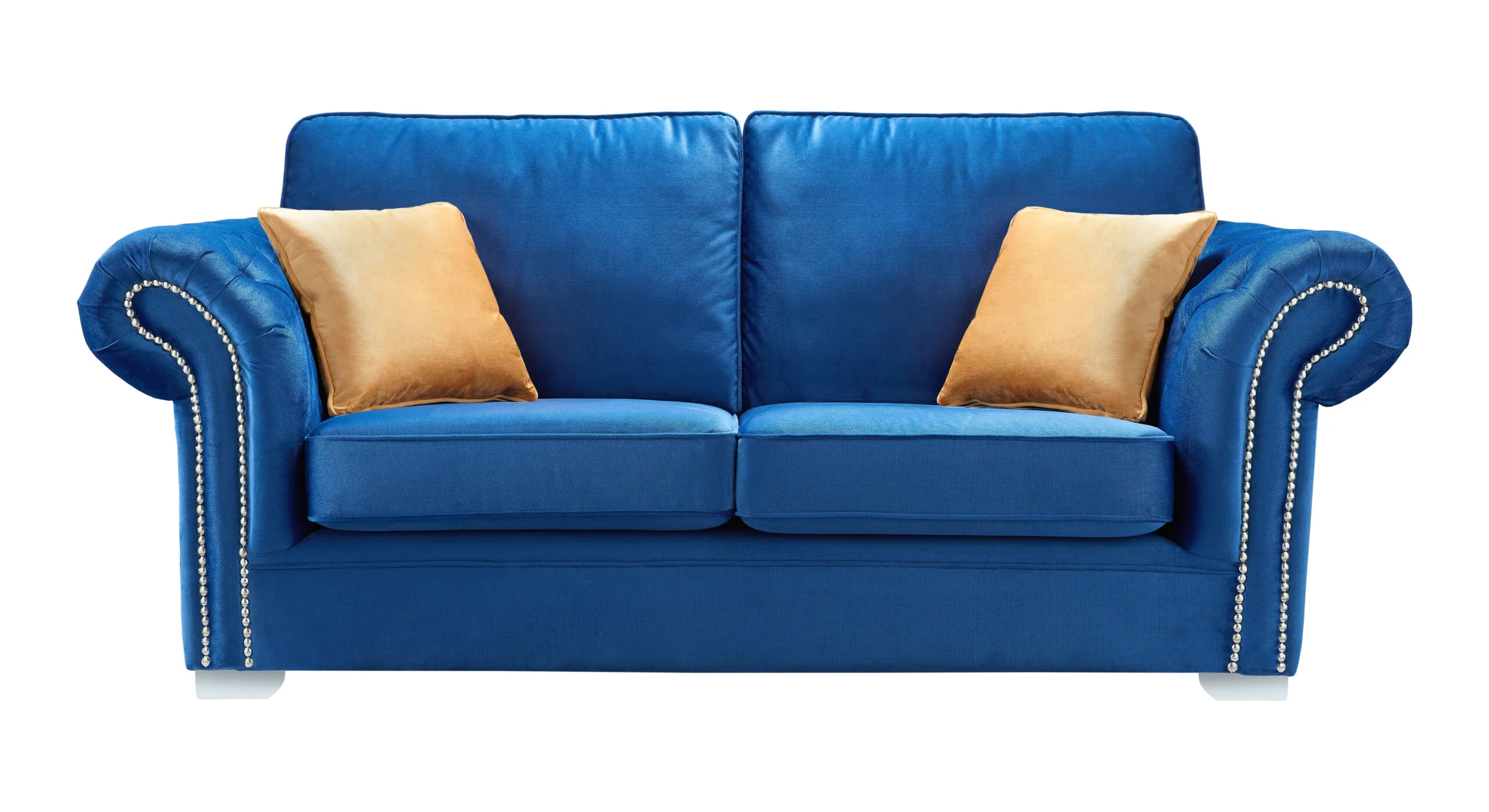 Manhattan Armchair In Blue Fabric Chesterfield Style Arms With Chrome Feet - Image 4