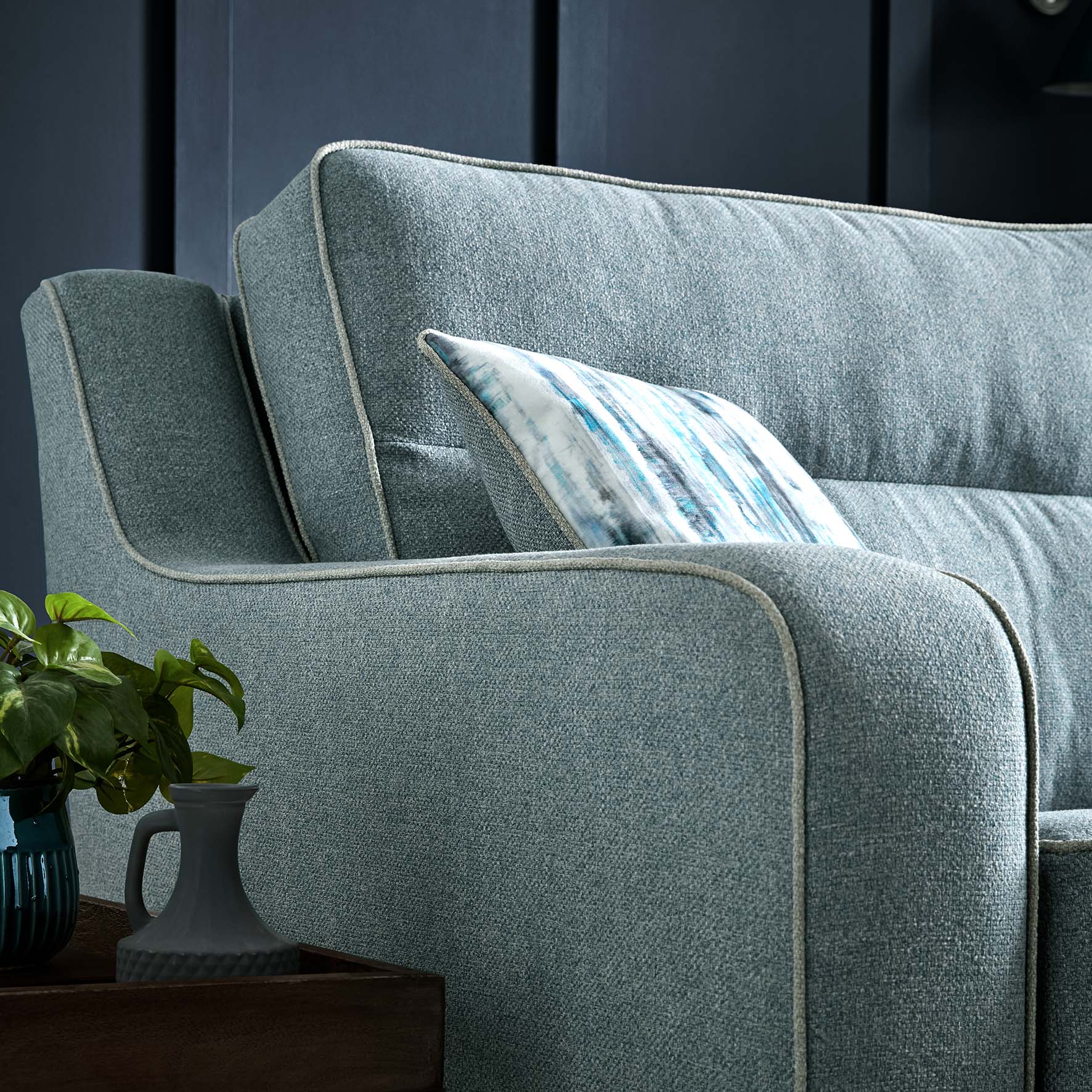 Milan Modern Elegance Sofas Garda Petrol Blue Fabric With Cushions - Image 3