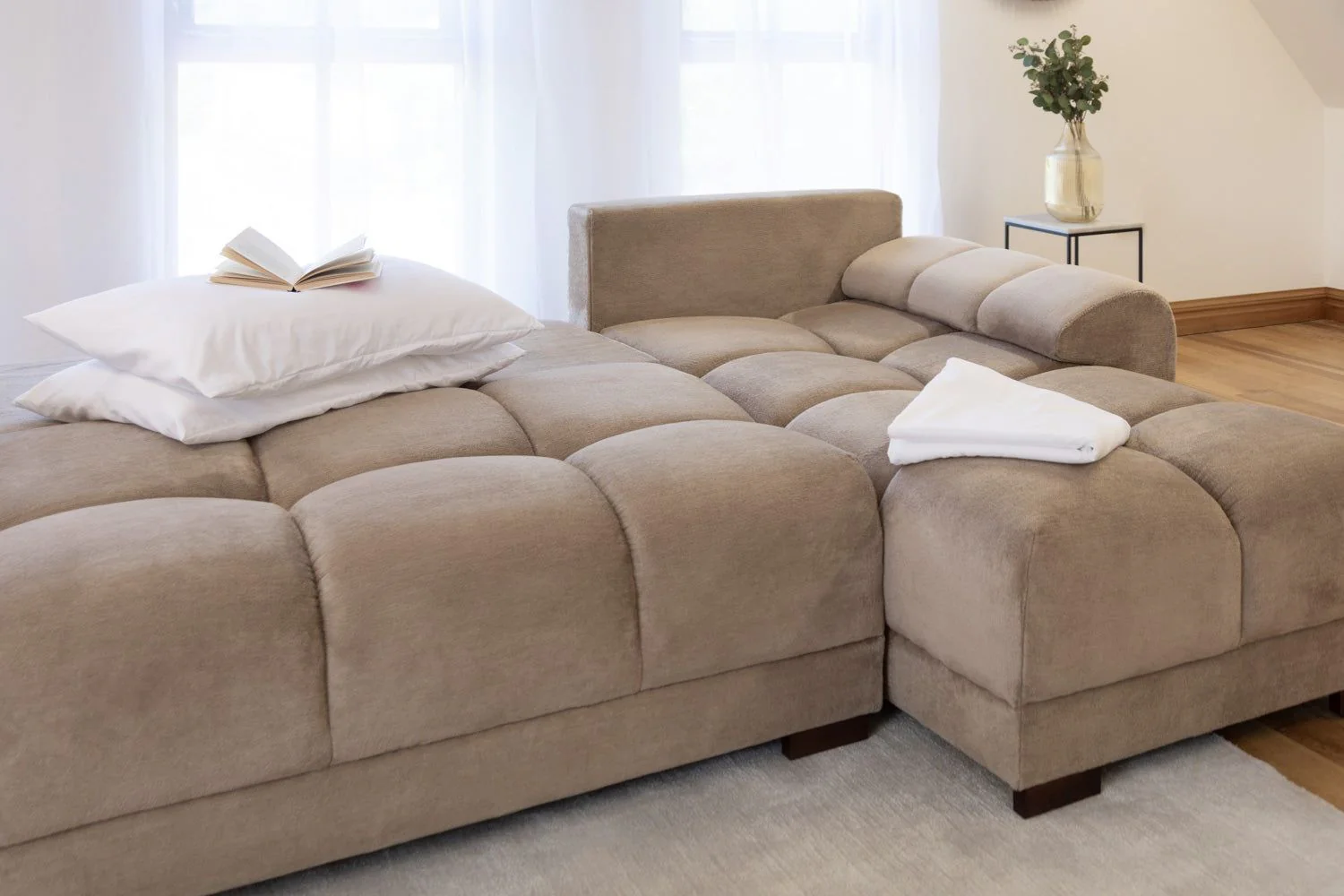 Mocha Velvet Upholstery Large Convertible Corner Sofabed - Image 3
