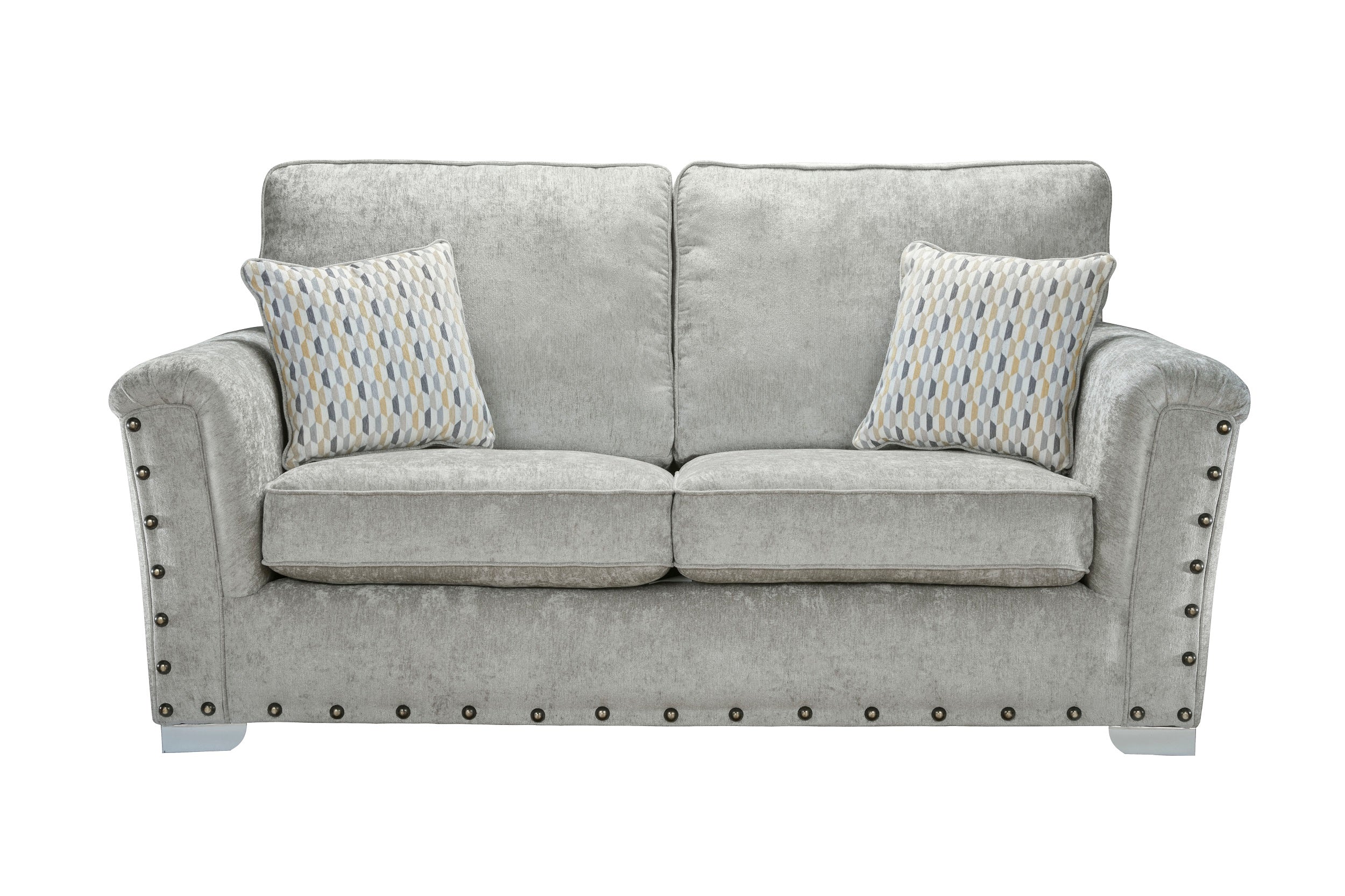 Nebraska 2 Seater Sofa Bed In Grey Fabric Studded With Chrome Feet