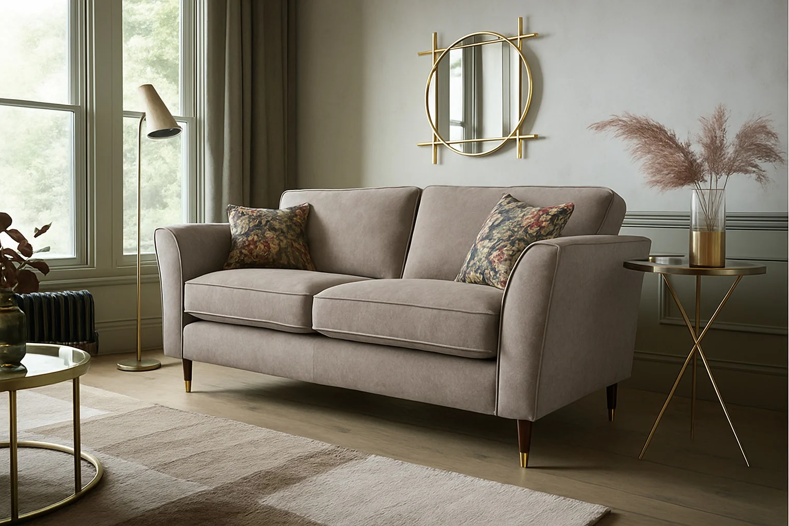 Rome 3 Seater Sofa In Dove Olive Green Fabric With Round Wooden Legs