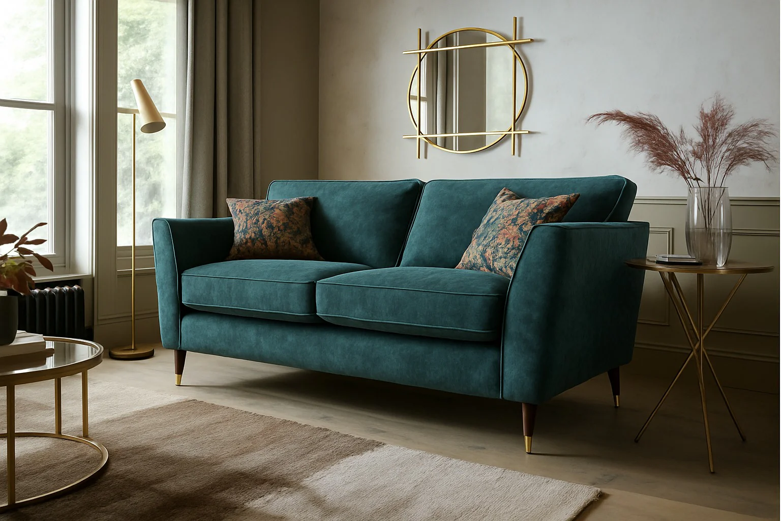Rome 4 Seater Sofa In Dove Olive Green Fabric With Round Wooden Legs - Image 13