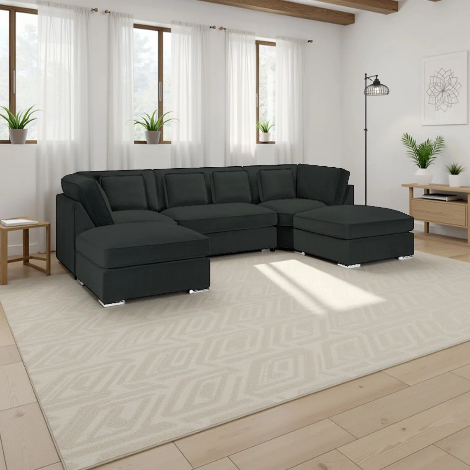 Slate Grey Velvet U Shape Corner Group Sofa with Footstool - Image 2